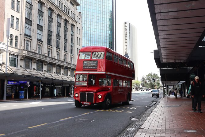 London Routemaster Double Decker Auckland Discovery - Auckland Harbour Bridge: the skyline and Waitematā Harbour moment